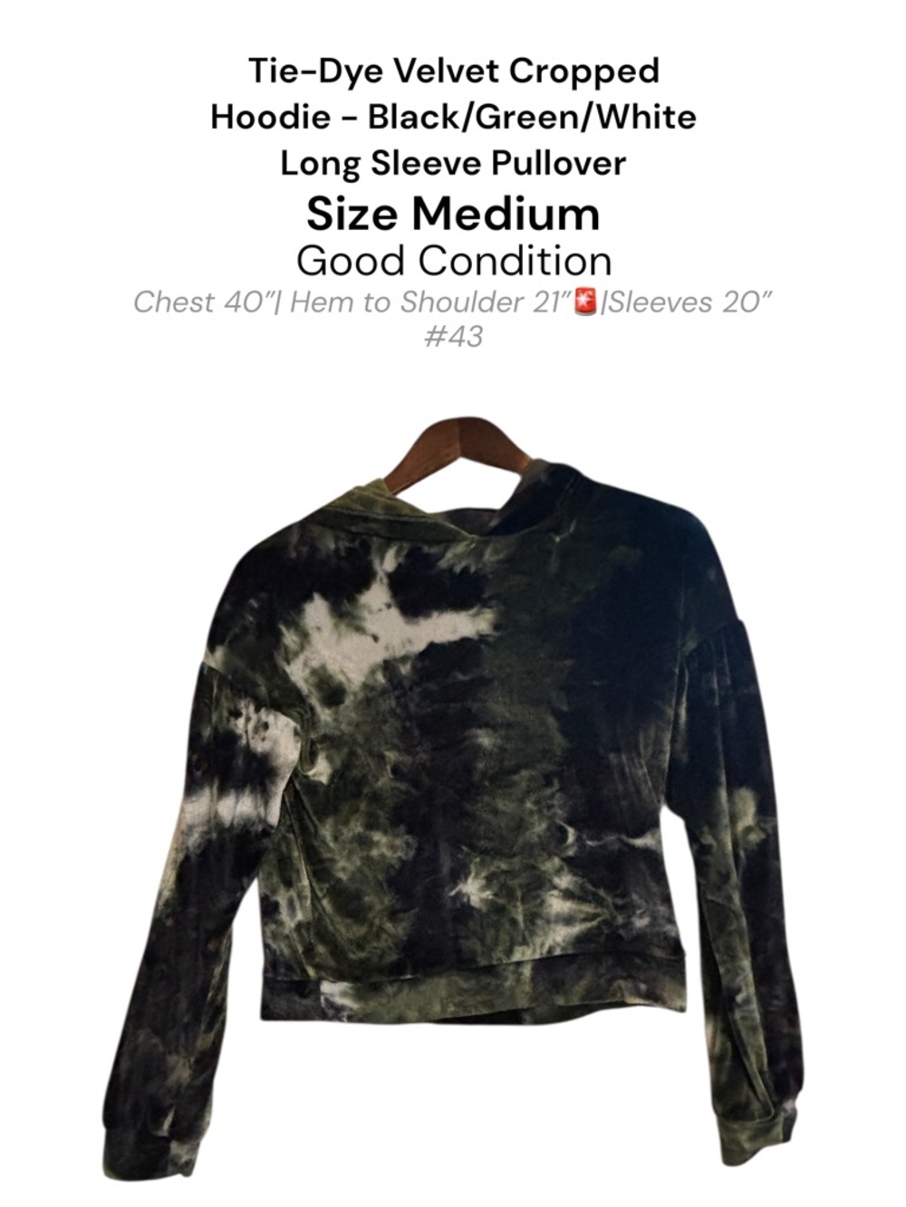Black Green White Tie Dye Cropped Hoodie Velour Plush Pullover M